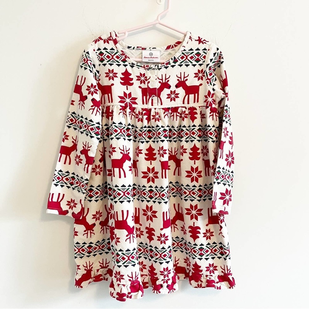 Hanna Andersson Crewneck Longsleeve Reindeer Dress White 100/4